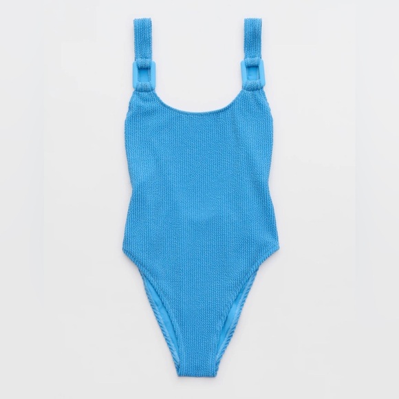 Aerie Shimmery Crinkle Birthday Scoop Cheekiest One Piece Swimsuit Sz Small Blue - Picture 9 of 11